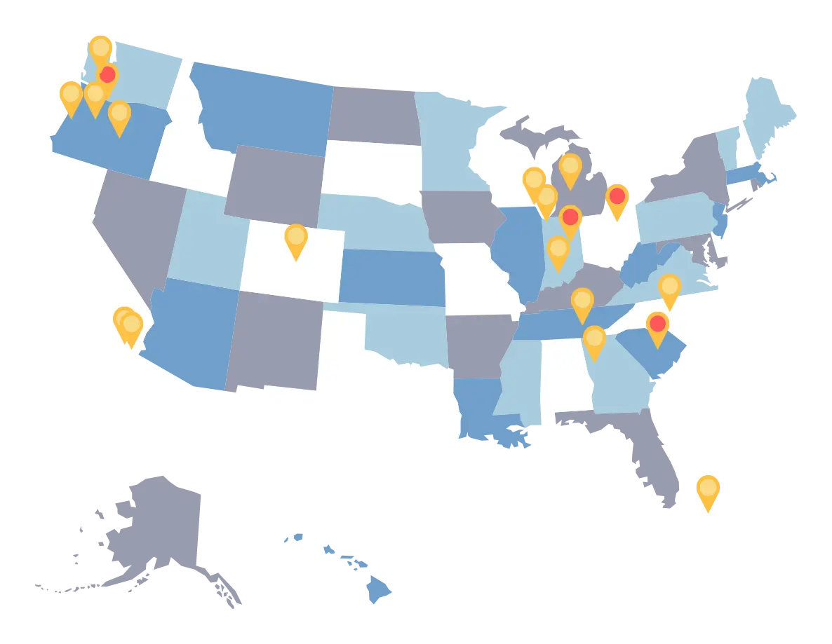 A map of the United States showing where in-person meetings took place.